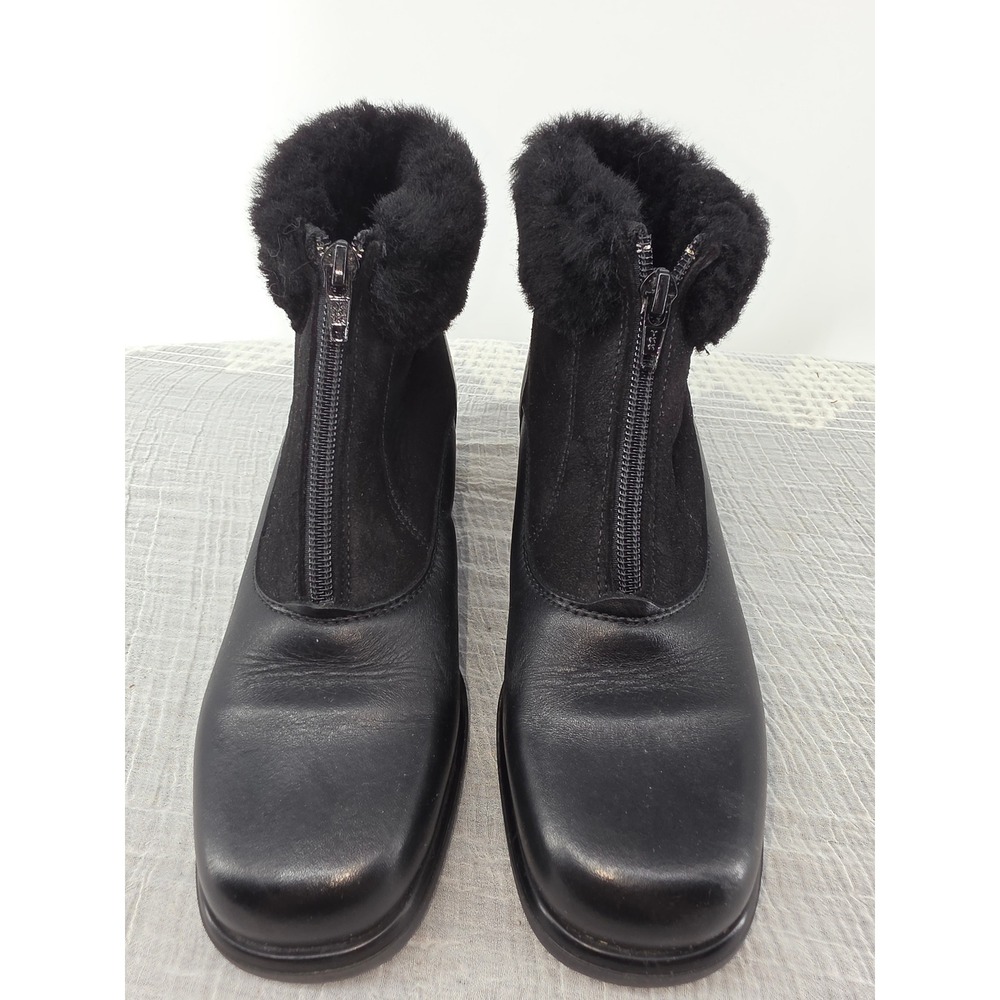 La Canadienne Dion Black Leather Suede Fur Trim Front Zip Ankle Boots 6M Canada